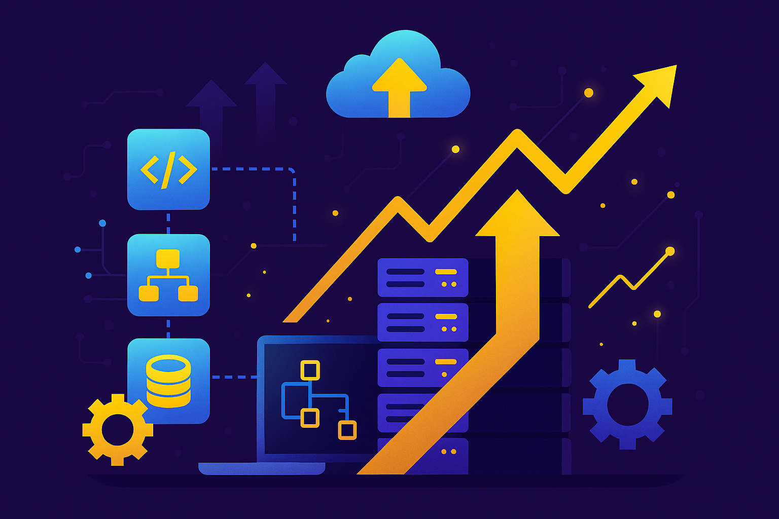 Imagen destacada: Desarrollo escalable: preparando tu software para el crecimiento - Cómo construir software escalable: arquitectura, microservicios, observabilidad 